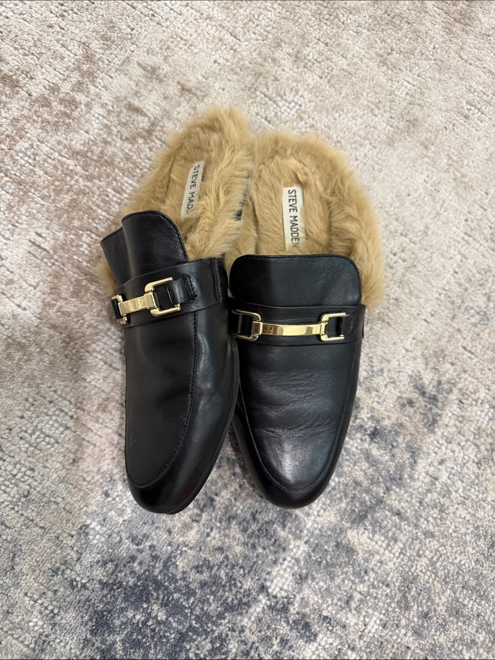 Steve Madden Black Leather Fur-Lined Horsebit Mules